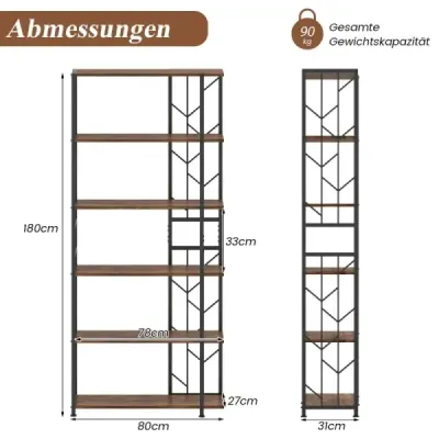 6 stick stand rack cu cadru metalic raft raft bookcase geometrie 80 x 31 x 180 cm Brown
