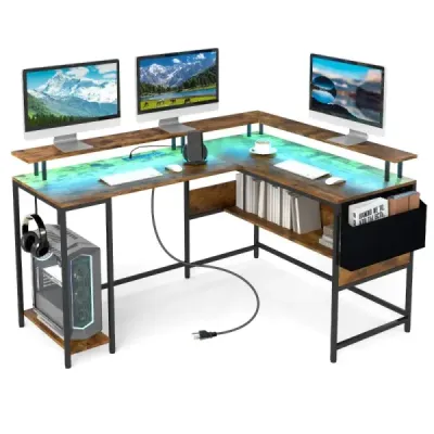 Birou în formă de L cu prize & LED iluminat & monitor stand birou colț