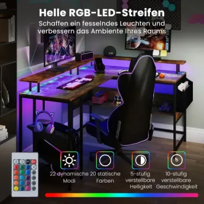 Birou în formă de L cu prize & LED iluminat & monitor stand birou colț