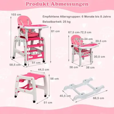 3 în 1 scaun pentru copii scaun înalt & scaun dining & grup scaun pentru copii decapotabil copil scaun înalt roz