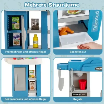bucatarie pentru copii cu 67 accesorii Joacă bucătărie din plastic cu funcția pompă de apă Blue