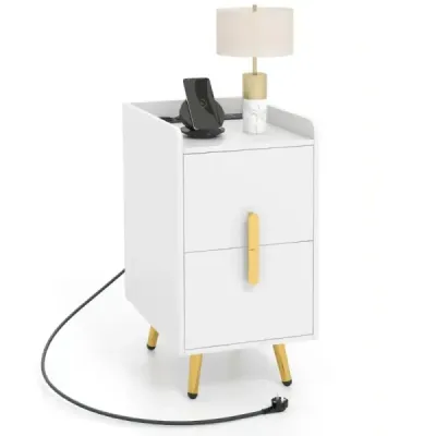 Masa de noapte cu stație de încărcare dulap de noapte îngust cu 2 sertare și porturi USB 40 x 32 x 60 cm Alb