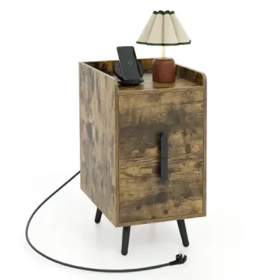 Masa de noapte cu stație de încărcare dulap de noapte îngust cu 2 sertare și porturi USB 40 x 32 x 60 cm Rustic Brown