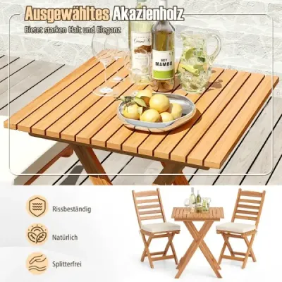 3 bucăţi. Mobilier balcon set masa bistro cu 2 scaune set balcon pliabil de lemn de salcâm cu 2 perne crema alb (horizontal)