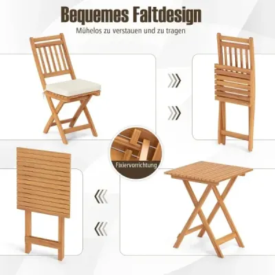 3 bucăţi. Mobilier balcon set masa bistro cu 2 scaune set balcon pliabil de lemn de salcâm cu 2 perne crema alb (vertical)