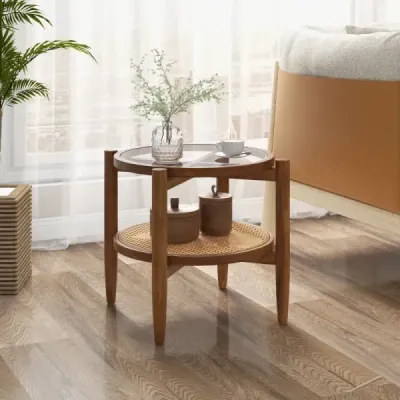 2 etape masa rotunda laterala PE Rattan masuta de cafea cu placă de sticlă temperat Brown