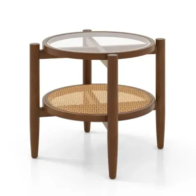 2 etape masa rotunda laterala PE Rattan masuta de cafea cu placă de sticlă temperat Brown