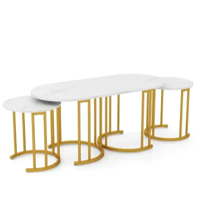 Set masa de cafea cu 3 mese Tabele laterale fixe Măsuță de cafea Oval și 2 mese laterale rotunde