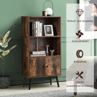 Nostalgie Bookcase cu 3 rafturi & 2 usi si picioare din lemn solide pentru living Office Brown