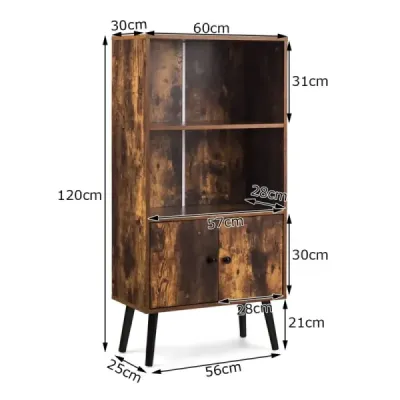 Nostalgie Bookcase cu 3 rafturi & 2 usi si picioare din lemn solide pentru living Office Brown