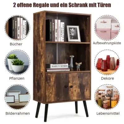Nostalgie Bookcase cu 3 rafturi & 2 usi si picioare din lemn solide pentru living Office Brown