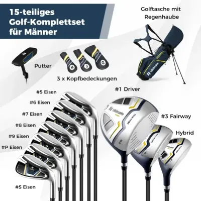 15 bucăți Set complet club de golf set de golf cu sac de golf & galben curcubeu