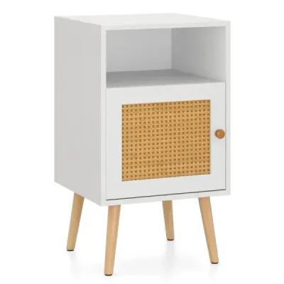 Rattan Bedside Masă cu depozitare Rafturi deschise & Farm House Style Side Table 1 bucată Alb