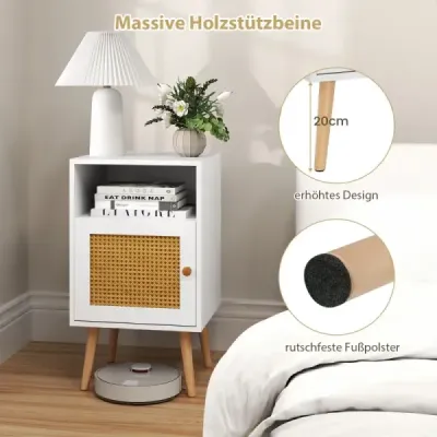 Rattan Bedside Masă cu depozitare rafturi deschise & Farm House Stil Side Masa 2 bucăți Alb