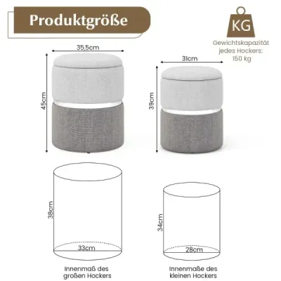 Seat Stool Otomani cu 32L + 21 L depozitare Pouf Stool rotund canapea scaun lateral Gri