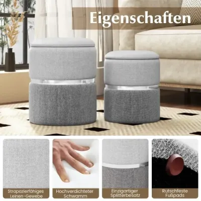 Seat Stool Otomani cu 32L + 21 L depozitare Pouf Stool rotund canapea scaun lateral Gri