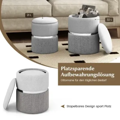 Seat Stool Otomani cu 32L + 21 L depozitare Pouf Stool rotund canapea scaun lateral Gri