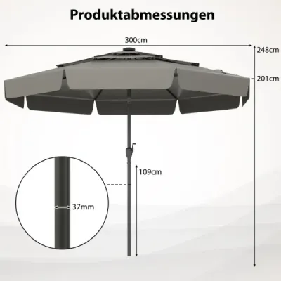 Umbrela de 300 cm cu iluminare LED Pe ambele parti cu 35° Umbrela de grădină Kinkable Gri