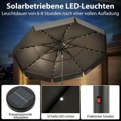 Umbrela de 300 cm cu iluminare LED Pe ambele parti cu 35° Umbrela de grădină Kinkable Gri