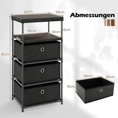 Rochie cu 3 sertare dresser tesatura cu placa de lemn negru 40 x 30 x 81 cm