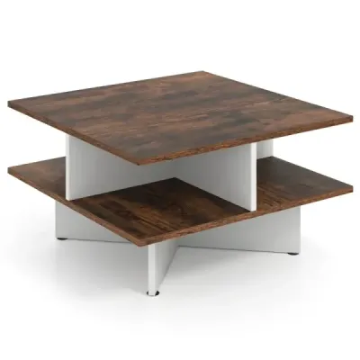 Masa de cafea Masa din sufrageria Wood Square cu 4 compartimente de depozitare Rustic Brown si White