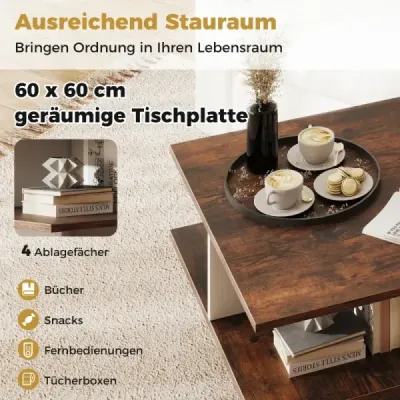 Masa de cafea Masa din sufrageria Wood Square cu 4 compartimente de depozitare Rustic Brown si White