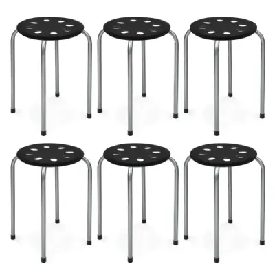 6pc Pack Stackable Metal Stool Rotund Seat Stool 30 x 30 x 44,5 cm Negru + argint