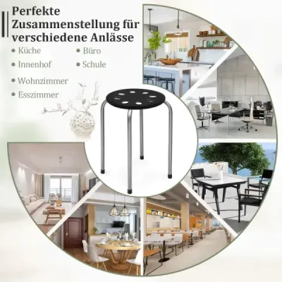 6pc Pack Stackable Metal Stool Rotund Seat Stool 30 x 30 x 44,5 cm Negru + argint