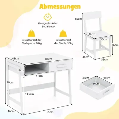 Birou Copii cu scaun Birou pentru copii Set din lemn Birou Tineret cu sertar & raft Alb