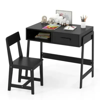 Birou Copii cu scaun Birou pentru copii Set din lemn Birou Tineret cu sertar & raft Negru