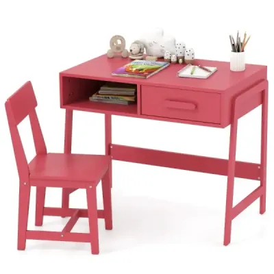 Birou Copii cu scaun Birou pentru copii Set din lemn Birou pentru tineret cu sertar & raft roz