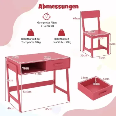 Birou Copii cu scaun Birou pentru copii Set din lemn Birou pentru tineret cu sertar & raft roz
