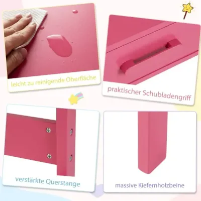 Birou Copii cu scaun Birou pentru copii Set din lemn Birou pentru tineret cu sertar & raft roz