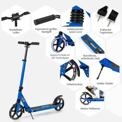 Copii scuter pliabil cu lumini Înălțimea scooter reglabil cu curea de transport albastru