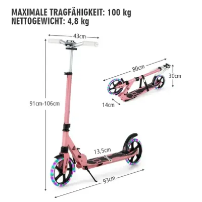 Copii scuter pliabil cu corpuri de iluminat Înălţimea scooter reglabil cu curea Rosa