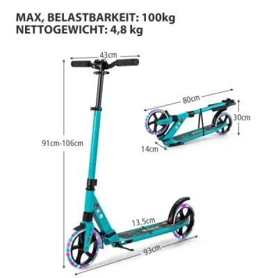 Copii scuter pliabil cu lumini scooter înălțime reglabil cu curea turcoaz