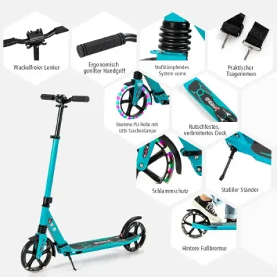 Copii scuter pliabil cu lumini scooter înălțime reglabil cu curea turcoaz