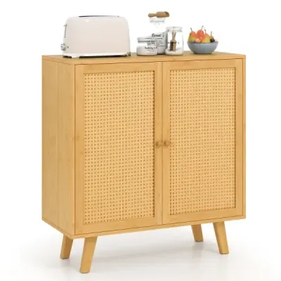 Sideboard cu 2 usi rattan dulap bucatarie din bambus cu worktop 80 x 34,5 x 85 cm Natura