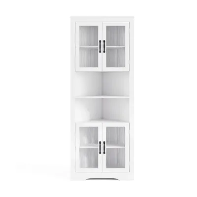 Cabinet de bucătărie dulap îngust colţ cu 4 uşi de sticlă şi 6 rafturi 171 cm mare triangular bufet dulap alb