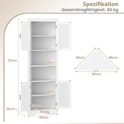 Cabinet de bucătărie dulap îngust colţ cu 4 uşi de sticlă şi 6 rafturi 171 cm mare triangular bufet dulap alb