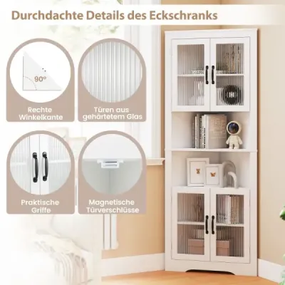 Cabinet de bucătărie dulap îngust colţ cu 4 uşi de sticlă şi 6 rafturi 171 cm mare triangular bufet dulap alb