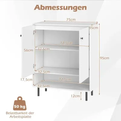 Sideboard din lemn piept de sertare cu rafturi reglabile & 2 usi dressing dulap Bufet dulap dulap bucătărie 75 x 35 x 95 cm alb