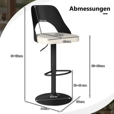 Bar Stool 2 set Scaune Bar 360° inaltime rotativa scaun pivotant reglabil Scaune bucatarie cu scaun artificial din piele & backrest Negru