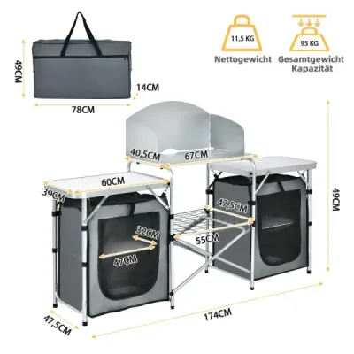 Bucătărie de camping pliabil cu sac de transport Cabinet de camping pentru bucătăria Alu