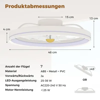 Ventilator de tavan φ48cm cu iluminare reversibilă a ventilatorului LED lumina tavan 3000-6500K dimmable cu 6 viteze de vânt Alb