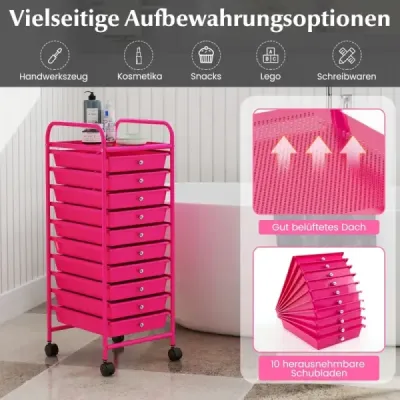 Cada de masini Rolling container sidecar cu 10 sertare 33 x 37 x 86 cm Hot Pink