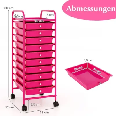 Cada de masini Rolling container sidecar cu 10 sertare 33 x 37 x 86 cm Hot Pink