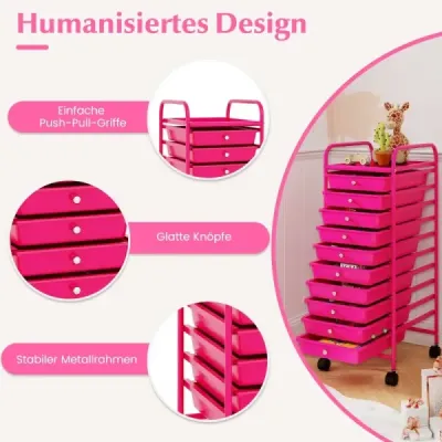 Cada de masini Rolling container sidecar cu 10 sertare 33 x 37 x 86 cm Hot Pink