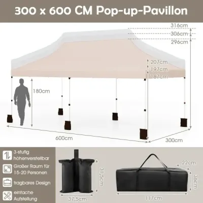 3 x 6 m Pavilion cu sac de transport pliere pavilion înălțime reglabil partid cort pavilion Bej