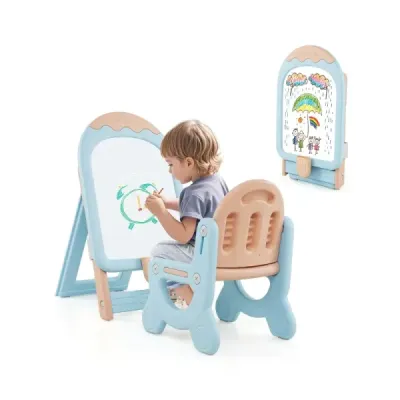 Personal pentru copii cu scaun Panou pentru copii reglabil și pliabil cu Whiteboard & Storage Box Blue